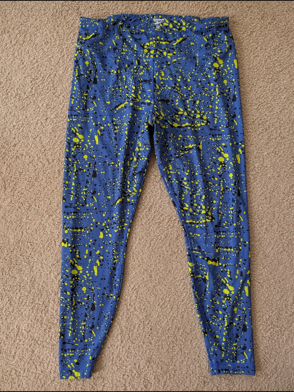 Reebok Blue with Neon Yellow & Black Splatter Leggings